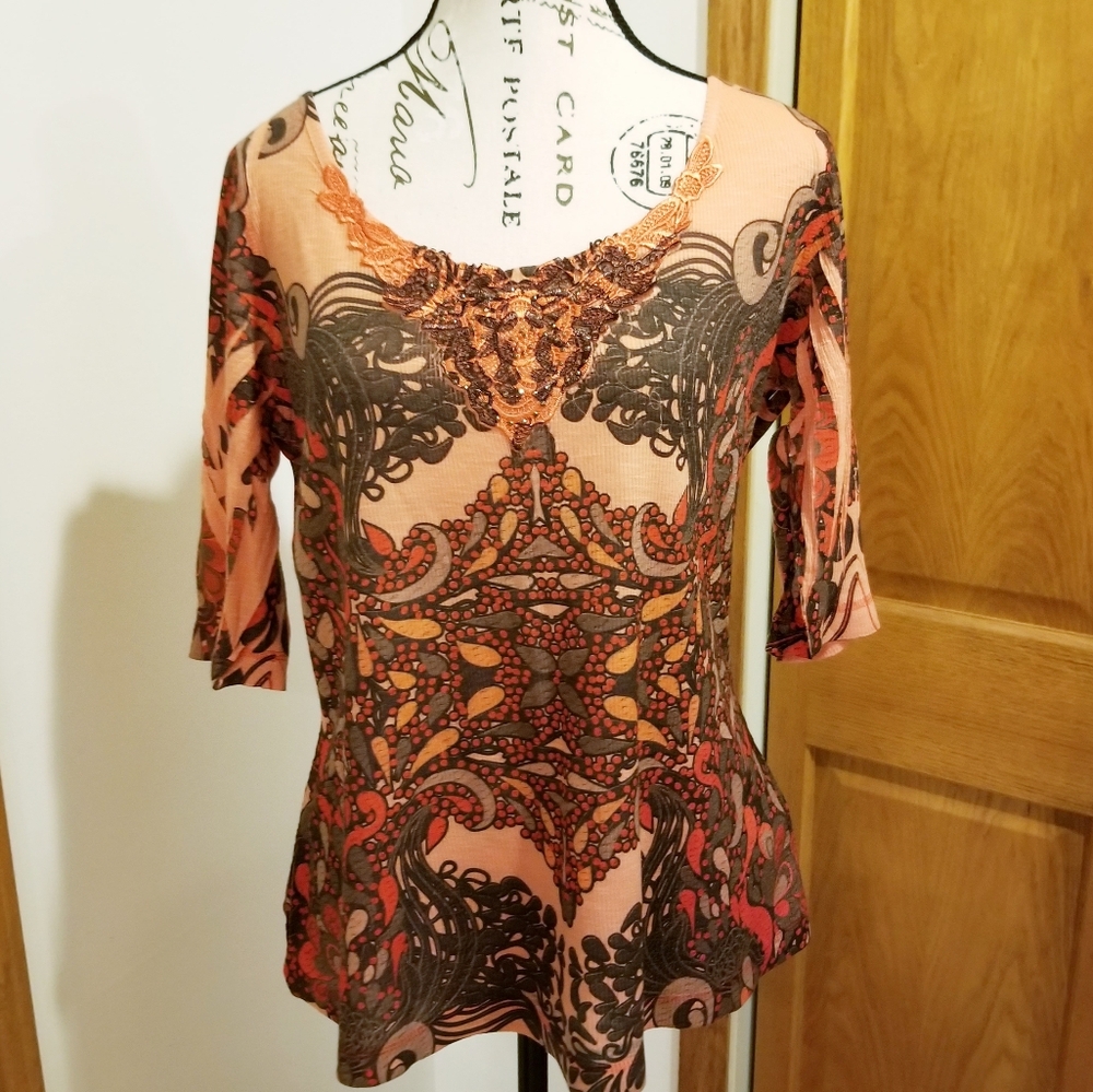 One World Embellished 3/4 Sleeve Illusion Paisley Orange Brown Blouse Top PL
